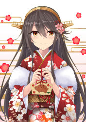 Rule 34 | 1girl, absurdres, black hair, blush, boar, brown eyes, closed mouth, ema, floral print, flower, gensoukitan, hair between eyes, hair flower, hair ornament, hairclip, haruna (kancolle), headgear, highres, holding, japanese clothes, kantai collection, kimono, long hair, long sleeves, looking at viewer, obi, pink flower, print kimono, red flower, red kimono, red ribbon, ribbon, sash, shawl, smile, solo, upper body, wide sleeves