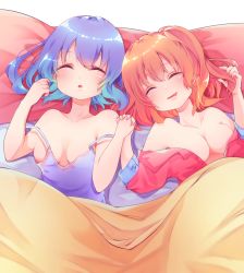 Rule 34 | 2girls, bed sheet, blonde hair, blue hair, breasts, closed eyes, flandre scarlet, highres, holding hands, lying, medium breasts, multiple girls, on back, open clothes, open mouth, pajamas, pillow, remilia scarlet, short hair, siblings, sisters, sleeping, smile, touhou, upper body, yuineko