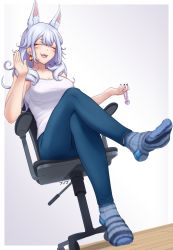 Rule 34 | 1girl, animal ear fluff, black nails, blue pants, blue socks, breasts, chair, cleavage, closed eyes, collarbone, commentary, crossed legs, denim, dutch angle, earrings, efreezerarts, english commentary, facial mark, fangs, feet, full body, grey background, hands up, highres, holding, jeans, jewelry, large breasts, legs, light purple hair, long hair, mixed-language commentary, nail polish, nijisanji, nijisanji en, nina kosaka, no shoes, open mouth, pants, shirt, short eyebrows, sidelocks, sitting, socks, soles, solo, tank top, toes, virtual youtuber, white shirt, wooden floor