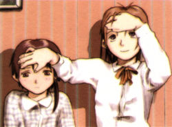 Rule 34 | 1990s (style), 2girls, abe yoshitoshi, brown eyes, brown hair, collared shirt, fever, hair ornament, hairclip, hand on another&#039;s face, hand on own face, iwakura lain, iwakura mika, multiple girls, non-web source, official art, pink background, retro artstyle, serial experiments lain, shirt, siblings, sisters