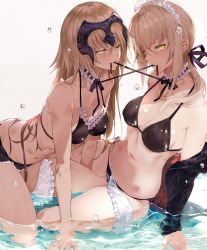 Rule 34 | 2girls, ;), all fours, apron, arm support, artoria pendragon (all), artoria pendragon (alter swimsuit rider) (second ascension) (fate), artoria pendragon (fate), bare shoulders, bikini, black bikini, breasts, choker, cleavage, collarbone, fate/grand order, fate (series), fingernails, hair between eyes, hair over shoulder, hair ribbon, halterneck, headpiece, highres, jeanne d&#039;arc (fate), jeanne d&#039;arc (ruler) (fate), jeanne d&#039;arc alter (avenger) (fate), jeanne d&#039;arc alter (fate), kneeling, leaning forward, light brown hair, long fingernails, long hair, low ponytail, maid, maid bikini, medium breasts, mouth hold, multiple girls, navel, off shoulder, one eye closed, panties, ribbon, ribbon in mouth, saber alter, side-tie bikini bottom, simple background, sitting, sleeves past wrists, smile, swimsuit, tokopi, unconventional maid, underwear, waist apron, water drop, wet, yellow panties