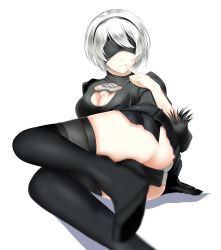 Rule 34 | 1girl, absurdres, android, ass, black dress, black gloves, blindfold, boots, breasts, dinosaurus (azimangasaurus), dress, gloves, hairband, high heel boots, high heels, highres, lying, nier (series), nier:automata, on side, panties, pantyshot, short hair, silver hair, simple background, smile, solo, thigh boots, thighhighs, underwear, upskirt, white background, 2b (nier:automata)