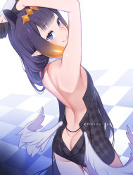 Rule 34 | 1girl, absurdres, arms up, artist name, ass, back, back focus, backless dress, backless outfit, bare back, black dress, black gloves, blue eyes, butt crack, checkered floor, dress, gloves, highres, hololive, hololive english, keiryuu seo, long hair, low wings, mole, mole under eye, ninomae ina&#039;nis, pointy ears, purple hair, smile, solo, tentacle hair, very long hair, virtual youtuber, white wings, wings