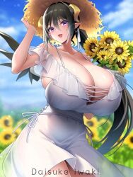 Rule 34 | 1girl, artist name, black hair, blurry, breasts, cleavage, cloud, day, dress, elf, female focus, flower, gigantic breasts, hat, holding, holding flower, horns, kisuke i, long hair, looking at viewer, pointy ears, purple eyes, skindentation, sky, solo, standing, straw hat, sunflower, thick thighs, thighs, white dress, wide hips