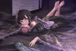 Rule 34 | 1girl, bad id, bad pixiv id, ball, barefoot, black hair, expressionless, hand fan, feet, floral print, folding fan, fusuma, hair ornament, head rest, japanese clothes, jname, kanzashi, kimono, legs up, long hair, looking at viewer, lying, on floor, on stomach, original, purple eyes, sliding doors, soles, solo, temari ball, the pose, toes, toy, wooden floor