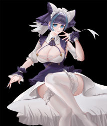 Rule 34 | 1girl, animal ears, apron, azur lane, black background, blue eyes, blue hair, breasts, cheshire (azur lane), cleavage, detached sleeves, dress, fake animal ears, frilled hairband, frilled ribbon, frills, hairband, highres, large breasts, maid headdress, multicolored hair, puffy detached sleeves, puffy sleeves, purple apron, purple hair, ribbon, short hair, simple background, solo, streaked hair, thighhighs, thighs, two-tone hair, white dress, white thighhighs, wrist cuffs, yizikifa