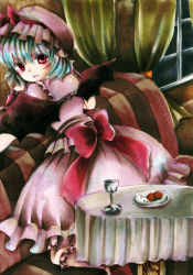 Rule 34 | 1girl, acha-1105, back, bad proportions, bat wings, blue hair, bow, couch, cup, curtains, dress, drinking glass, female focus, food, frills, hat, kneehighs, kneeling, looking at viewer, looking back, open mouth, painting (medium), plate, red eyes, remilia scarlet, ribbon, short hair, skirt, socks, solo, table, tablecloth, touhou, traditional media, watercolor (medium), window, wine glass, wings, wrist cuffs