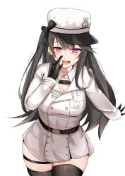 Rule 34 | 1girl, absurdres, arm up, azur lane, belt, black belt, black gloves, black hair, black thighhighs, blush, breasts, fang, gloves, hat, highres, jacket, large breasts, long hair, long sleeves, looking at viewer, open mouth, pamiat merkuria (azur lane), purple eyes, russian clothes, simple background, smile, solo, thighhighs, thighs, white background, white hat, white jacket, zhzhrs