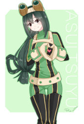 Rule 34 | 10s, 1girl, asui tsuyu, black eyes, black hair, blush, bodysuit, boku no hero academia, character name, frog girl, gloves, goggles, green background, heart, heart sign, highres, long hair, looking at viewer, rin., smile, white background