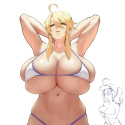 Rule 34 | 2girls, ahoge, armpits, arms behind head, arms up, artoria pendragon (fate), artoria pendragon (lancer) (fate), bare shoulders, bikini, blonde hair, breasts, chibi, chibi inset, cleavage, clothed female nude female, collarbone, covering privates, covering breasts, eu03, fate/grand order, fate (series), green eyes, hair between eyes, huge breasts, long hair, looking at viewer, micro bikini, multiple girls, mysterious heroine x (fate), mysterious heroine xx (fate), navel, nude, sidelocks, simple background, skindentation, swimsuit, white background, white bikini