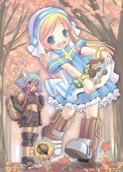 Rule 34 | 1girl, 1other, absurdres, ahoge, androgynous, armband, autumn, autumn leaves, bare shoulders, basket, belt, black footwear, black gloves, blonde hair, blue armband, blue dress, blue eyes, bonnet, boots, bracelet, brown belt, brown footwear, brown shorts, crop top, dark skin, detached sleeves, dress, eating, frilled dress, frills, gloves, gold bracelet, green hair, hand on own hip, highres, jewelry, leaf, light blush, long hair, looking at viewer, mushroom, open mouth, original, pop (electromagneticwave), red eyes, shirt, short hair, shorts, sleeveless, sleeveless dress, sleeveless shirt, smile, solo focus, standing, tree