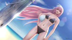 Rule 34 | 1girl, ball, bikini, black bikini, blue eyes, blue sky, breasts, cloud, collarbone, day, deviantart username, dutch angle, facebook username, gohpot, grin, hand on own hip, highres, holding, holding ball, legs apart, lens flare, long hair, medium breasts, megurine luka, navel, nose, ocean, open mouth, outdoors, pink hair, pink lips, pole, signature, sky, smile, solo, standing, swimsuit, teeth, very long hair, vocaloid, volleyball, volleyball (object), watermark, web address