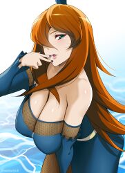 Rule 34 | absurdres, arm under breasts, belt, black nails, breasts, brown hair, cleavage, commentary request, detached sleeves, fingers to mouth, green eyes, hair over one eye, highres, large breasts, leaning forward, long hair, mattari yufi, naruto, naruto (series), open mouth, shiny skin, terumi mei, twitter username, water