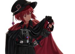 Rule 34 | 10s, 1girl, alternate costume, alternate eye color, alternate hair color, cape, cape tug, commentary, flat cap, gloves, hand on own hip, hat, kantai collection, looking away, red eyes, red hair, ruisento, sheath, sheathed, short hair, simple background, solo, sword, upper body, weapon, white background, z3 max schultz (kancolle)