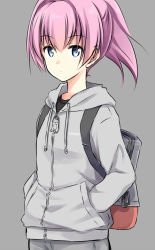 Rule 34 | 1girl, akane souichi, bag, black shirt, blue eyes, ears visible through hair, grey background, grey pants, grey sweater, hair between eyes, hands in pocket, hood, hooded sweater, kantai collection, looking at viewer, pants, pink hair, ponytail, shiranui (kancolle), shirt, simple background, solo, standing, sweater