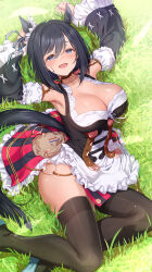 Rule 34 | 1girl, animal ears, bare shoulders, black hair, black thighhighs, blue eyes, bob cut, breasts, choker, cleavage, collarbone, detached sleeves, dirndl, ear scrunchie, eishin flash (umamusume), german clothes, grass, hair between eyes, highres, horse ears, horse girl, horse tail, jitome, large breasts, long sleeves, looking at viewer, lying, mk (mod0), on back, open mouth, red choker, scrunchie, short hair, skirt, smile, solo, striped clothes, striped skirt, swept bangs, tail, thighhighs, umamusume, vertical-striped clothes, vertical-striped skirt, white scrunchie