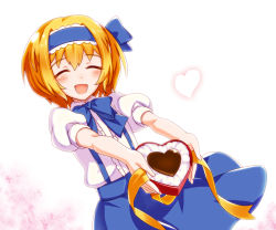 Rule 34 | 1girl, alice margatroid, alice margatroid (pc-98), bad id, bad pixiv id, blonde hair, blush, bobomaster, box, candy, capelet, chocolate, chocolate heart, closed eyes, female focus, food, hair ornament, hair ribbon, hairband, heart, open mouth, ribbon, short hair, skirt, smile, solo, suspenders, touhou, touhou (pc-98), valentine