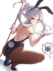 Rule 34 | 1girl, alternate costume, animal ears, ass, bare shoulders, black footwear, black hairband, black leotard, blood, blue hair, commentary, dangle earrings, earrings, eru (l illust45), fake animal ears, fake tail, fishnet pantyhose, fishnets, frieren, from side, full body, green eyes, hairband, hand up, heart, high heels, highres, himmel (sousou no frieren), holding, holding staff, jewelry, leotard, looking at viewer, mage staff, nosebleed, pantyhose, parted bangs, puckered lips, rabbit ears, rabbit tail, simple background, solo focus, sousou no frieren, squatting, staff, stiletto heels, tail, thighs, twintails, white background, white hair, white wrist cuffs, wrist cuffs