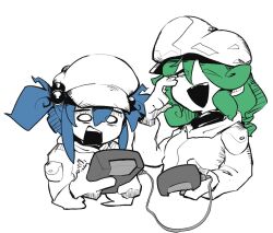 Rule 34 | 2girls, blue hair, crying, crying with eyes open, game boy, game link cable, green hair, hair bobbles, hair ornament, handheld game console, hat, hood, hoodie, kappamin, kawashiro nitori, limited palette, long sleeves, mob cap, multiple girls, o o, open mouth, playing games, shoulder pouch, simple background, tears, touhou, twintails, two side up, white background, yamashiro takane