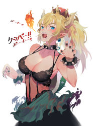 Rule 34 | 1girl, alternate costume, black bra, black nails, blonde hair, blue eyes, blush, bowsette, bra, bracelet, breasts, breath weapon, breathing fire, cleavage, collar, collarbone, crown, earrings, fangs, fingernails, fire, half-closed eyes, horns, jewelry, large breasts, lingerie, looking at viewer, mario (series), nail polish, new super mario bros. u deluxe, nintendo, open mouth, pointy ears, ponytail, salmon88, sharp fingernails, sharp teeth, simple background, solo, spiked bracelet, spiked collar, spikes, super crown, teeth, text focus, tongue, translation request, underwear, white background