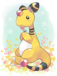 Rule 34 | ampharos, blush, closed mouth, commentary request, creatures (company), flower, game freak, gen 2 pokemon, holding, holding flower, nintendo, no humans, pink flower, pokemon, pokemon (creature), signature, sitting, smile, solo, tansho