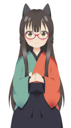Rule 34 | 1girl, bespectacled, black bow, black hakama, blush, bow, breasts, closed mouth, commentary request, cowboy shot, glasses, green eyes, gugu, hair bow, hakama, hakama skirt, half updo, highres, japanese clothes, kimono, long hair, long sleeves, looking at viewer, multicolored clothes, multicolored kimono, red-framed eyewear, sidelocks, simple background, skirt, small breasts, smile, solo, standing, tatsumi kon, urara meirochou, white background, wide sleeves