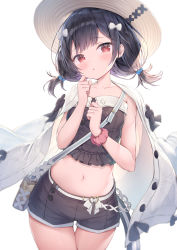 Rule 34 | 1girl, bag, bare shoulders, belt, black hair, black shirt, bow, breasts, coat, coat on shoulders, crop top, frilled shirt, frills, granblue fantasy, hair bobbles, hair bow, hair ornament, hand up, hat, highres, long hair, looking at viewer, midriff, navel, parted lips, red eyes, scrunchie, shirt, short twintails, shoulder bag, small breasts, solo, stomach, strapless, strapless shirt, sun hat, thigh gap, thighs, topia, twintails, vikala (granblue fantasy), white coat, wrist scrunchie