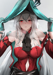 Rule 34 | 1girl, aqua gloves, aqua headwear, arknights, blush, breasts, clothing cutout, gloves, hat, highres, krirk, large breasts, long hair, looking at viewer, official alternate costume, open mouth, red eyes, silver hair, skadi, skadi (arknights), skadi the corrupting heart (arknights)