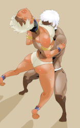Rule 34 | 1boy, 1girl, anklet, armlet, ass, barefoot, bearhug, between breasts, bikini, bracelet, breast smother, breasts, capcom, closed eyes, dark-skinned female, dark skin, elena (street fighter), face to breasts, halterneck, head between breasts, hetero, jewelry, large breasts, muscular, neck ring, ryona, ryu3224, short hair, street fighter, street fighter iii (series), sweat, swimsuit, thick thighs, thighs, topless male, urien, white bikini, white hair