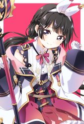 Rule 34 | 1girl, black hair, blue eyes, blunt bangs, braid, gloves, hair ornament, hairclip, highres, holding, holding staff, long hair, looking at viewer, namori, nijisanji, official alternate costume, ponytail, smile, solo, staff, tsukino mito, tsukino mito (15th costume), virtual youtuber, white gloves, wide sleeves