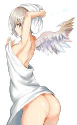 Rule 34 | 10s, 1girl, 2016, arm up, armpits, ass, back, bad anatomy, bare shoulders, blush, breasts, butt crack, closed mouth, cowboy shot, dated, derivative work, eyebrows, feathered wings, from side, highres, houdukixx, kishin sagume, leaning forward, looking at viewer, looking to the side, medium breasts, naked towel, profile, red eyes, scar, shiny skin, short hair, sideboob, sideways glance, signature, silver hair, simple background, single wing, sketch, solo, touhou, towel, towel on head, wet, wet hair, white background, wings