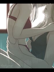 Rule 34 | 2girls, black shirt, blonde hair, bra, breasts, cleavage, from side, grey hair, hands on another&#039;s shoulders, hands on another&#039;s waist, hoshizora no shita, imminent kiss, indoors, large breasts, long hair, multiple girls, original, panties, parted lips, red bra, red panties, shirt, sleeveless, sleeveless shirt, straddling, torso grab, underwear, upright straddle, yuri
