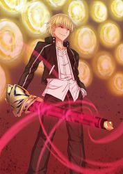 Rule 34 | 1boy, black jacket, black pants, blonde hair, collarbone, dress shirt, ea (fate/stay night), fate/stay night, fate (series), gate of babylon (fate), gilgamesh (fate), hand in pocket, holding, holding weapon, jacket, male focus, official alternate costume, open clothes, open jacket, pants, parted lips, red eyes, shirt, smile, solo, standing, weapon, white shirt, zhen lu