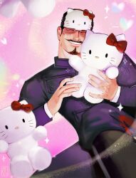 Rule 34 | 1boy, black hair, crossover, facial hair, feet out of frame, forehead protector, goatee, golden kamuy, hair slicked back, happy, hello kitty, hello kitty (character), highres, hugging object, male focus, merchandise, mustache, raiz art, sanrio, scar, scar on face, short hair, smile, solo, stuffed animal, stuffed cat, stuffed toy, tsurumi tokushirou