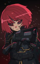 Rule 34 | &gt;:(, absurdres, assault rifle, bags under eyes, basedbinkie, black gloves, bob cut, body armor, bullpup, dirty, dirty clothes, dirty face, frown, gloves, glowing pupils, gun, helldivers (series), highres, military uniform, optical sight, red eyes, red hair, rifle, scar, scar on face, scar on nose, serious, short hair, sparks, uniform, v-shaped eyebrows, weapon