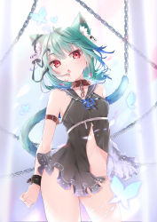 Rule 34 | 1girl, absurdres, ahoge, animal ear fluff, animal ears, aqua hair, blue hair, blush, breasts, cat ears, cat tail, chain, choker, eto (eto96-1114), extra ears, flat chest, gradient hair, hair ornament, highres, hololive, kemonomimi mode, looking at viewer, multicolored hair, open mouth, red eyes, restrained, ribbon, short twintails, skull, skull hair ornament, small breasts, solo, tail, twintails, uruha rushia, virtual youtuber