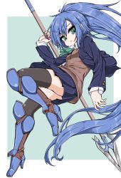 Rule 34 | 1girl, armored boots, black jacket, black skirt, black thighhighs, blazer, blue hair, boots, breasts, closed mouth, collared shirt, copyright request, full body, green background, green eyes, hair between eyes, high heel boots, high heels, highres, holding, holding polearm, holding weapon, jacket, knee boots, long hair, long sleeves, open clothes, open jacket, pleated skirt, polearm, ponytail, rikuhito, school uniform, shirt, skirt, small breasts, solo, spear, sweater vest, thighhighs, two-tone background, very long hair, weapon, white background, white shirt
