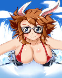 Rule 34 | 1girl, animal ears, bikini, blue eyes, blush, breasts, brown hair, charlotte e. yeager, cleavage, closed mouth, flying, goggles, highres, hiroshi (hunter-of-kct), large breasts, looking at viewer, rabbit ears, red bikini, sky, smile, solo, strike witches, striker unit, swimsuit, world witches series