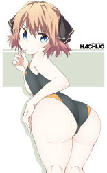 Rule 34 | 1girl, ass, bad id, bad twitter id, bare arms, bare legs, bare shoulders, black one-piece swimsuit, black ribbon, blue eyes, brown hair, candy, character name, clothes writing, competition swimsuit, food, food in mouth, from behind, hachijou (kancolle), hair ribbon, kantai collection, lollipop, looking back, one-piece swimsuit, ribbon, shigino sohuzi, short hair, solo, swimsuit, wedgie