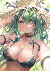 Rule 34 | 1girl, absurdres, antlers, arm garter, bad id, bad pixiv id, bikini, bikini top only, black choker, blush, branch, breasts, brown eyes, ceres fauna, choker, cleavage, closed mouth, dodota, fingernails, flower, green hair, green nails, hair flower, hair ornament, hair over one eye, hat, highres, hololive, hololive english, horns, long hair, looking at viewer, medium breasts, mole, mole under eye, nail polish, smile, solo, straw hat, swimsuit, upper body, virtual youtuber, wet, yellow eyes, yellow hat
