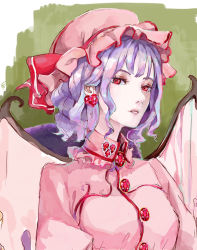 Rule 34 | 1girl, bat wings, earrings, ef (ppps33), eyelashes, faux traditional media, green background, hat, hat ribbon, heart, heart earrings, high collar, jewelry, light purple hair, lips, looking at viewer, mob cap, aged up, parted lips, pin, red eyes, remilia scarlet, ribbon, short hair, sketch, solo, touhou, upper body, wings