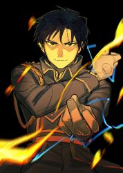 Rule 34 | 1boy, aiguillette, black background, black eyes, black hair, blue jacket, blue pants, blurry, chromatic aberration, closed mouth, collared jacket, darkness, depth of field, doya, electricity, fire, fire, fullmetal alchemist, gloves, hand up, highres, jacket, light, looking at viewer, male focus, military, military uniform, motion blur, outstretched hand, pants, roy mustang, shade, simple background, smile, snapping fingers, spiked hair, uniform, upper body, white gloves
