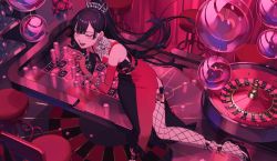 Rule 34 | 1girl, aburage (motimotigg20), bar stool, belt, black dress, black hair, bouquet, bracelet, casino, dress, earrings, elbow gloves, fangs, fishnet thighhighs, fishnets, flower, frilled dress, frills, from above, gloves, hair between eyes, heart, high heels, indoors, jewelry, leaning on object, leg tattoo, leg up, lipstick, long hair, looking ahead, makeup, mole, mole under mouth, multicolored clothes, multicolored dress, necklace, open mouth, original, pink eyes, pink theme, poker chip, poker table, ponytail, red dress, red lips, ribbon, ring, roulette table, side slit, smile, solo, stool, table, tattoo, thigh strap, thighhighs