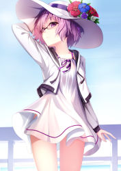 Rule 34 | 1girl, alternate costume, arm behind head, arm up, black-framed eyewear, blue flower, blue sky, blush, closed mouth, cowboy shot, cropped jacket, day, drawing, dress, fate/grand order, fate (series), flower, glasses, hat, hat flower, hibiscus, jacket, long sleeves, looking away, looking to the side, mash kyrielight, open clothes, open jacket, outdoors, over-rim eyewear, pink hair, purple eyes, purple flower, purple ribbon, purple rose, railing, red flower, ribbon, rose, semi-rimless eyewear, short hair, sky, smile, solo, standing, sun hat, tassel, thighs, unzipped, white dress, white flower, white hat, white jacket, white rose, yan (nicknikg)