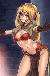 Rule 34 | 1girl, breasts, cleavage, foreshortening, gloves, houtengeki, long hair, looking at viewer, mage (ragnarok online), navel, no panties, outstretched arms, pelvic curtain, ragnarok online, red eyes, smile, solo, twintails