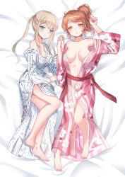 Rule 34 | 2girls, alternate costume, aquila (kancolle), barefoot, blonde hair, blue eyes, breasts, collarbone, emia wang, floral print, graf zeppelin (kancolle), groin, high ponytail, highres, japanese clothes, kantai collection, kimono, large breasts, long hair, multiple girls, navel, open mouth, orange hair, short hair, sidelocks, twintails, yellow eyes, yukata
