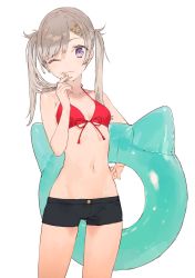 Rule 34 | 1girl, :3, ;3, absurdres, bikini, bikini shorts, bikini top only, breasts, collarbone, front-tie bikini top, front-tie top, hair ornament, hairclip, hand to own mouth, highres, holding, holding own hair, holding swim ring, inflatable toy, innertube, light brown hair, looking at viewer, navel, noco (adamas), one eye closed, original, purple eyes, red bikini, short shorts, shorts, simple background, small breasts, solo, swim ring, swimsuit, twintails, white background, x hair ornament
