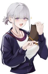Rule 34 | 1girl, :d, blush, breasts, fte (fifteen 199), girls&#039; frontline, grey hair, highres, holding, holding pencil, jacket, large breasts, looking at viewer, open mouth, pencil, ponytail, purple eyes, rpk-16 (girls&#039; frontline), simple background, smile, solo, upper body, white background