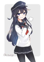 Rule 34 | 1girl, akatsuki (kancolle), anchor symbol, badge, black hair, black hat, black pantyhose, black sailor collar, black skirt, blue eyes, border, commentary request, cowboy shot, flat cap, hair between eyes, hand on own chest, hat, kantai collection, long hair, mitamgr, neckerchief, one-hour drawing challenge, pantyhose, pleated skirt, purple background, red neckerchief, sailor collar, school uniform, serafuku, skirt, smile, smug, solo, two-tone background, white border