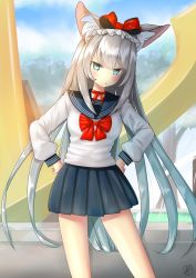Rule 34 | 1girl, :t, alternate costume, animal ear fluff, animal ears, azur lane, blue sailor collar, blue skirt, blue sky, blush, bow, breasts, cat ears, choker, closed mouth, cloud, cloudy sky, commentary request, day, green eyes, hair bow, hammann (azur lane), hands on own hips, leaning to the side, long hair, long sleeves, outdoors, pleated skirt, pout, puffy long sleeves, puffy sleeves, red bow, red choker, revision, ribbon choker, sailor collar, sakurai kouji, school uniform, serafuku, sidelocks, signature, silver hair, skirt, sky, small breasts, solo, standing, tsurime, v-shaped eyebrows, very long hair